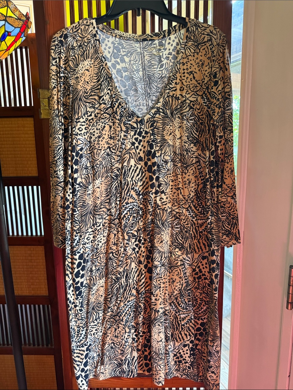 Lilly Pulitzer Women's V-Neck Animal Print Dress in Tan and Black
